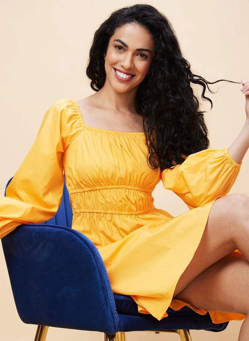 globus Globus Women Yellow Square Neck Puff Sleeves Gathered Cotton Fit & Flare Dress